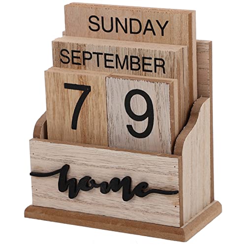 HOMSFOU Holzblock Ewiger Kalender Vintage Datumsanzeige Tischkalender Rustikale Wochentage Monate Tageskalender für Zuhause Büro Schreibtischzubehör von HOMSFOU