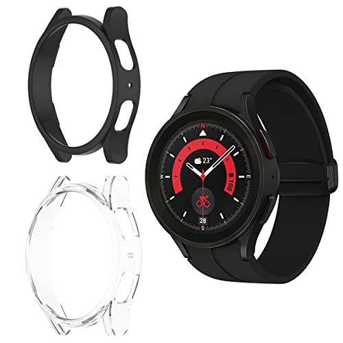 HOMTERN 2er-Pack Hüllen kompatibel mit Samsung Galaxy Watch 5 Pro 45 mm, harte PC-Abdeckung, stoßfest, kratzfest, nur für Watch 5 Pro, 45 mm, transparent und schwarz von HOMTERN