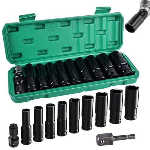 11 Stück Schlagschrauber Nüsse Set: HOMURY 10-24 mm Sechskant Stecknüsse 1/2 zoll mit 2 Stecknuss Adapter, Schlagschrauber Nuss Set für Elektrische und Pneumatische Bohrmaschinen von HOMURY