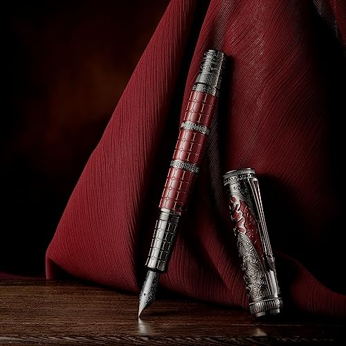 Hongdian D5 Qin Dynasty Füllfederhalter Rot Silber, Extra feine Feder Kolbenfüllstift, Retro Chinesisches Totem Gravur Glattes Schreiben Füller mit Stiftbox Set von HONG DIAN