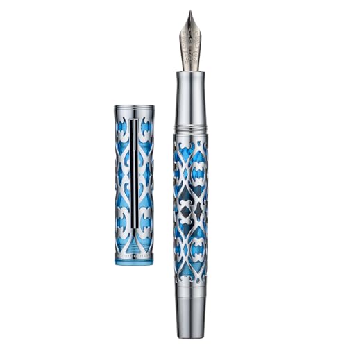Hongdian D1 Kolbenfüllfederhalter, extra feine weiche Feder, silberblaues hohles Skelett & Harzstift mit Metalletui-Set von HONG DIAN
