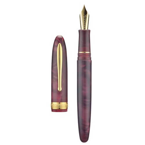 Hongdian N9 Füllfederhalter, lange Klinge, mittlere Feder, goldfarbener Rand, weinrote Farbe & Acryl-Design, mit Konverter und Stiftebox aus Metall von HONG DIAN