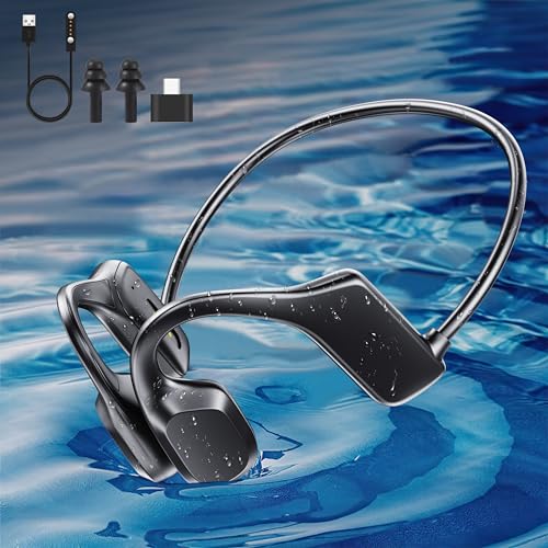 HONGNIX Knochenschall Kopfhörer Bluetooth 5.3 Kopfhörer Kabellos, IP68 wasserdichte Kopfhörer Schwimmen, 32GB Knochenschall Kopfhörer, MP3 Player mit Kopfhörer für Schwimmen Radfahrer Laufen von HONGNIX