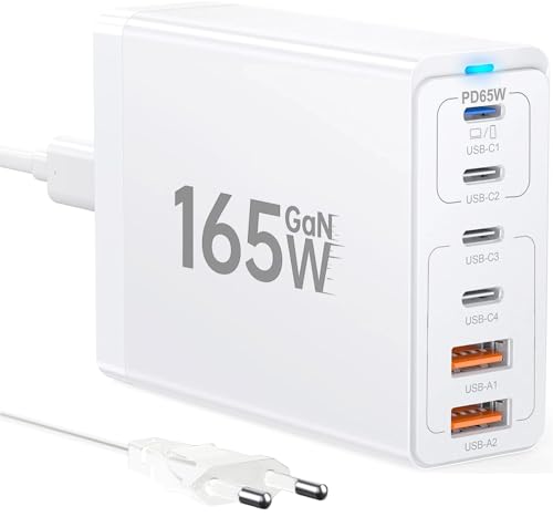 165W USB C Ladegerät GaN，Mehrfach USB Ladegerät【4USB-C + 2USB-A】 PD Ladegerät，6-Port Ladestation Kompatibel mit iPhone/Samsung/Google/Xiaomi/Laptop/Tablet und Anderen USB Geräten-Weiß von HONGYEE