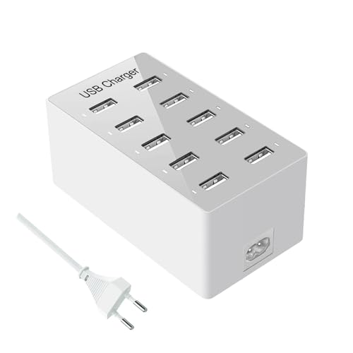 Mehrfach USB Ladegerät,10 Ports USB Ladestation, USB Wandladegerät Desktop USB Ladegerät, Intelligenter USB-Anschluss für iPhone 12/13/14/Samsung S22/S23 Ultra/Z Flip/Xiaomi/iPad/iPod (Blanc) von HONGYEE