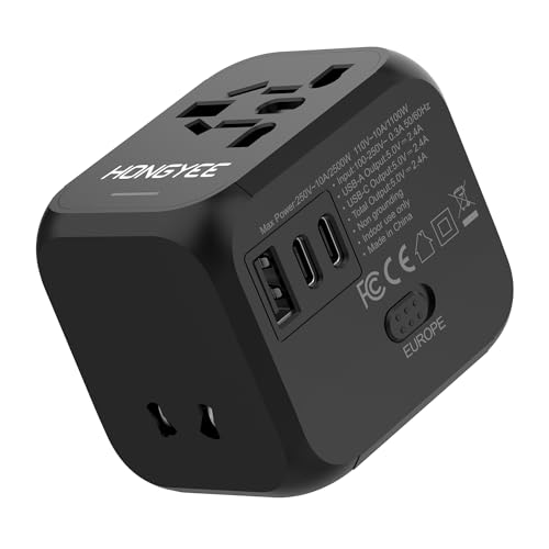 Reiseadapter Weltweit, Universal Reise stecker 2500W, mit USB Ladegerät USB A+2USB C PD 20W, Internationalerl Stecker 2500W AC Sockel und Dual Sicherungen, Travel Adapter für China EU AU US UK JP 200+ von HONGYEE