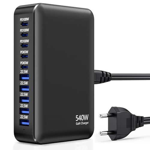 USB C Ladegerät 540W, USB Charging Station Mehrfach,10-Ports Ladestation USB C Mit 5 USB-C + 5 USB-A, USB Ladegerät GaN PD100W PPS USB C Netzteil für Laptop/MacBook/iPhone 16/15/14/Sumsung von HONGYEE