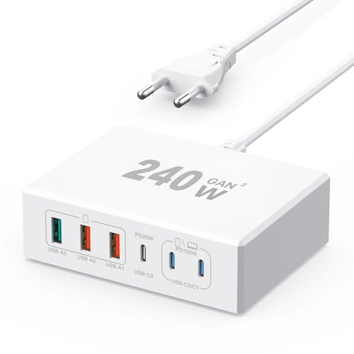 USB ladestation 240W USB C Adapter, Multi 6 Port mehrfach USB stecker GaN Ladeadapter USB C Netzteil Charger Schnellladegerät Kompatibel mit iPhone, iPad, Samsung, Handys, Laptop, MacBook von HONGYEE