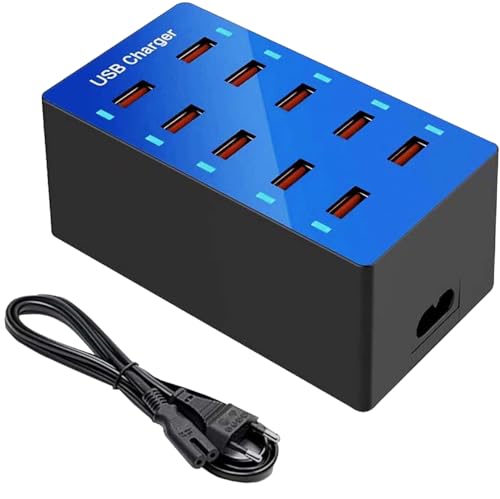 USB Ladegerät, 10 Ports USB Ladestation, mehrere Geräte USB Wandladegerät Desktop-USB-Ladegerät, Intelligenter USB-Anschluss für iPhone 12/13/14/Samsung S23 Ultra/Z Flod/Z Flip/Xiaomi/iPad（Blau） von HONGYEE