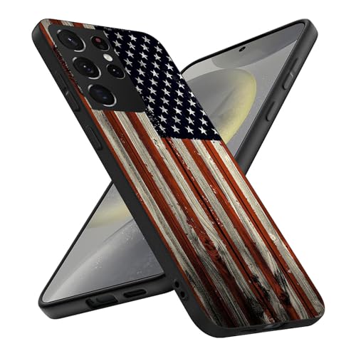 HONGZAOQIYE Mode Hülle für Samsung Galaxy S24 Ultra, Rot Holz USA Retro Amerikanische Flagge Stoßfestes Design Muster Dünn Weich Schutzhülle von HONGZAOQIYE
