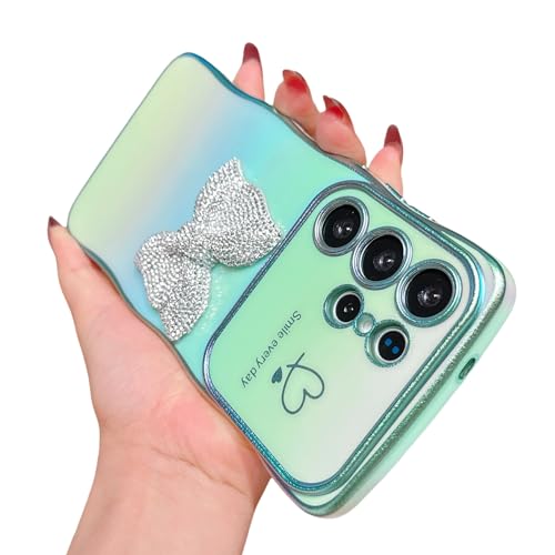 HONHULEE Handyhülle für Samsung Galaxy S24 FE Hülle Diamant Bow Liebesherz Schutzhülle Wellen Lockige Silikon Case mit erhoben Kameraschutz für Samsung Galaxy S24 FE - Grün von HONHULEE
