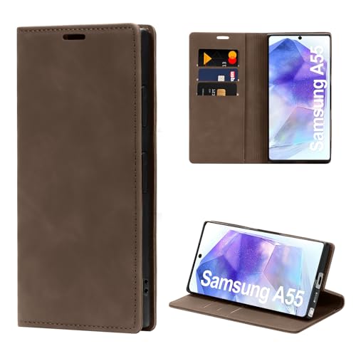 Hülle für Samsung Galaxy A55 Handyhülle mit RFID-Sperre Premium Leder Flip Klapphülle [Standfunktion] [Kartenfächern] Schutzhülle Case für Samsung A55 5G Tasche (6,6 Zoll, Braun) von HONIVON