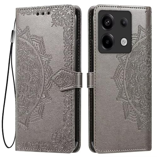 HONLEN Hülle für Redmi Note 13 Pro 5G / Poco X6 5G Handyhülle, (6.7" Inches) Premium PU Leder Wallet Magnetverschluss Flip Case mit 3 Kartenfach,Mandala Muster Case Grau von HONLEN