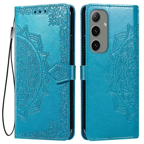 HONLEN Hülle für Samsung Galaxy S24 Handyhülle, (6.2" Inches) Premium PU Leder Wallet Magnetverschluss Flip Case mit 3 Kartenfach,Mandala Muster Case Blau von HONLEN