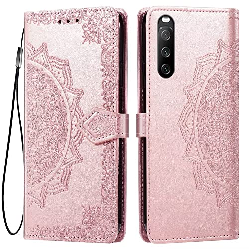 HONLEN Hülle für Smartphone, Compatible with Sony Xperia 10 III Handyhülle, (6" Inches) Premium PU Leder Wallet Magnetverschluss Flip Case mit 3 Kartenfach,Mandala Muster Case Roségold von HONLEN