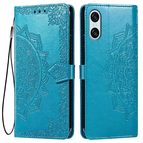 HONLEN Hülle für Smartphone, Compatible with Sony Xperia 10 VI (Sixth Generation) Handyhülle, (6.1"Inches) Premium PU Leder Wallet Magnetverschluss Flip Case mit 3 Kartenfach ,Mandala Muster Case Blau von HONLEN