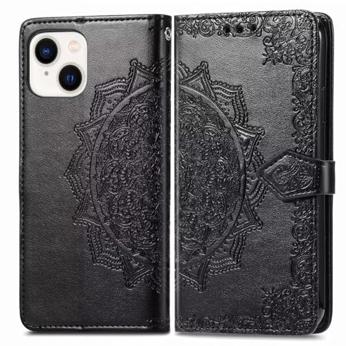 HONLEN Hülle für Smartphone, Compatible with iPhone 15 Handyhülle, (6.1" Inches) Premium PU Leder Wallet Magnetverschluss Flip Case mit 3 Kartenfach,Mandala Muster Case Schwarz von HONLEN