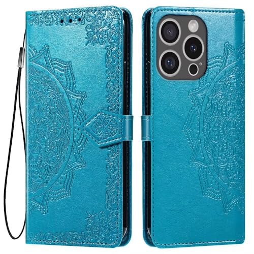 HONLEN Hülle für Smartphone, Compatible with iPhone 16 Pro Handyhülle, (6.3" Inches) Premium PU Leder Wallet Magnetverschluss Flip Case mit 3 Kartenfach,Mandala Muster Case Blau von HONLEN