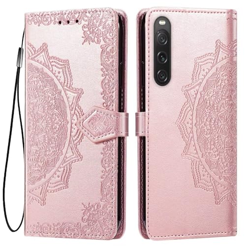 HONLEN Hülle für Smartphone, Compatible with Sony Xperia 10 V Handyhülle, (6.1" Inches) Premium PU Leder Wallet Magnetverschluss Flip Case mit 3 Kartenfach,Mandala Muster Case Roségold von HONLEN