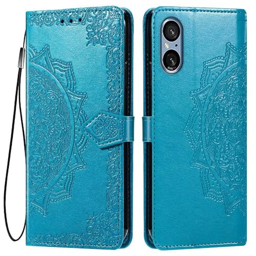 HONLEN Hülle für Smartphone, Compatible with Sony Xperia 5 V Handyhülle, (6.1" Inches) Premium PU Leder Wallet Magnetverschluss Flip Case mit 3 Kartenfach,Mandala Muster Case Blau von HONLEN