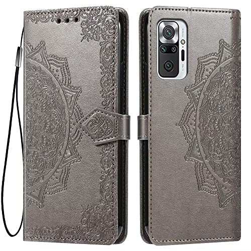 HONLEN Hülle für Xiaomi Redmi Note 10 Pro Handyhülle, 6.67" Premium PU Leder Wallet Magnetverschluss Flip Case mit 3 Kartenfach,Mandala Muster Case Grau von HONLEN