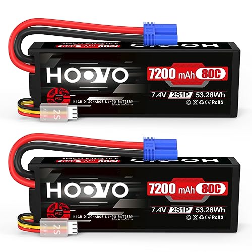 HOOVO 2S LiPo Akku 7,4V 7200mAh 80C RC Batterie Hardcase mit EC5 Stecker Batterie Ersatzakku für RC Auto LKW Heli Flugzeug Boot Hubschrauber Drohn RC Auto Truck Slash Buggy Team Associated (2 Stück) von HOOVO