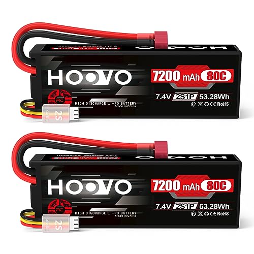 HOOVO 2S LiPo Akku 7,4V 7200mAh 80C RC Batterie Hardcase mit T Stecker Batterie Ersatzakku für RC Auto LKW Heli Flugzeug Boot Hubschrauber Drohn RC Auto Truck Slash Buggy Team Associated (2 Stück) von HOOVO