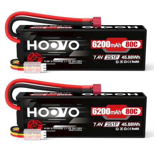 2S Lipo Akku 7,4V 80C 6200mAh RC Batterie mit Dean-Style T Stecker Battery HOOVO für RC Auto Flugzeug Helikopter Boot Buggy Quadcopter (2 Packungen) von HOOVO