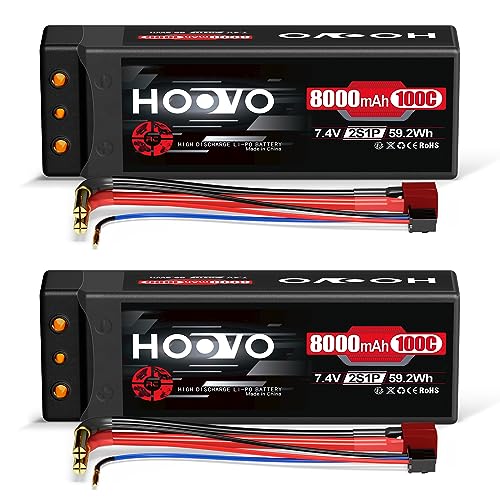 2S Lipo Akku 8000mAh 7,4V 100C RC Batterie Hartschale Lipo Batterien mit 4.0 mm Banana to Dean-T Stil Plug HOOVO für RC Evader BX Auto Car Truck LKW Truggy Hobby (2 Stück) von HOOVO