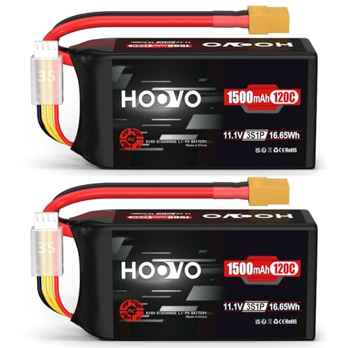 HOOVO 3S Lipo Akku 11,1V 120C 1500 mAh Graphen Batterie mit XT60 Stecker für FPV Racing Drone Quadcopter Hubschrauber Flugzeug RC Boot RC Auto RC Modelle (2 Packungen) von HOOVO