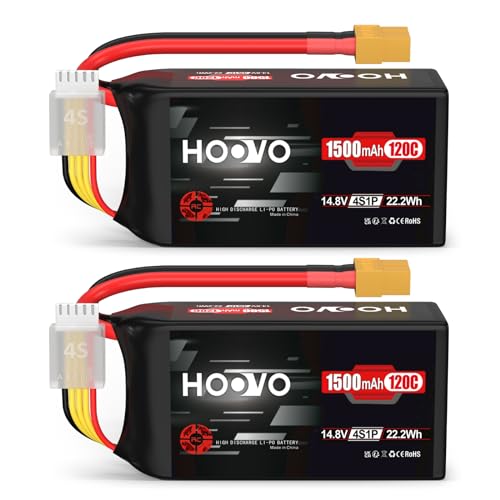 HOOVO 4S Lipo RC Akku 14,8V 120C 1500mAh Lipo Batterien mit XT60 Stecker Batterie für FPV Quadrocopter Danaus Vortex FLIP FPV 250S Mini Drone (2 Packungen) von HOOVO