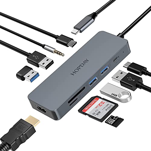10 Ports Multiport Hub, USB C Hub Adapter Dual Display mit 4K HDMI, USB C Dockingstation für Typ C Laptop und Tablet, Dongle (PD Ladeanschluss, USB 3.0 5 Gbit/s, SD/TF-Kartenleser) von HOPDAY
