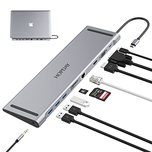 10-in-1 HOPDAY USB-C-Hub – USB-C-Dock mit Dual-Display (USB-Anschlüsse, HDMI, VGA, PD 100 W, Ethernet, SD/TF-Kartenleser, 3,5 mm Audio) Dockingstation für Typ-C-Laptop, MacBook Pro/Air von HOPDAY