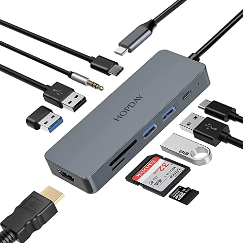 HOPDAY 10 in 1 USB C Hub, USB C Adapter MacBook Pro/Air Ipad Pro Adapter mit 4K HDMI Ausgang, kompatibel für Laptop, Surface Pro 8, Typ C Geräte (PD 100W USB 3.0 TF Kartenleser) von HOPDAY