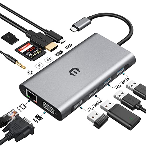 HOPDAY 11 in 1 USB C Hub, USB C Docking Station Dreifachanzeige über VGA/HDMI, MacBook Pro/Air USB C Adapter(1G Ethernet,PD 100W,3.5mm Audio,SD/TF Reader, USB A 3.0/2.0) Dongle für Dell,HP,Lenovo von HOPDAY