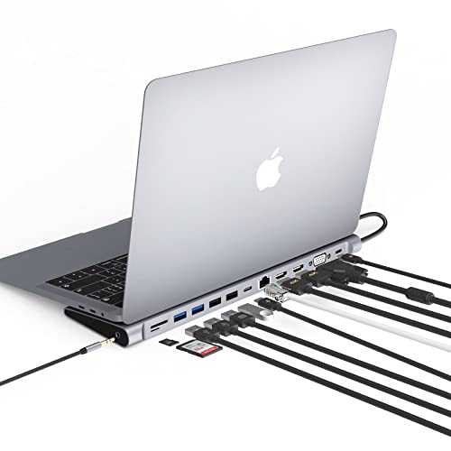 HOPDAY Docking Station,13-in-1 USB C Triple-Display USB C Hub Thunderbolt 3 Dock für MacBook/Dell/HP/Lenovo/Surface(2 HDMI,VGA,4 USB,Gigabit Ethernet,PD,SD/TF-Kartenleser,3,5mm Audio/Mic) von HOPDAY