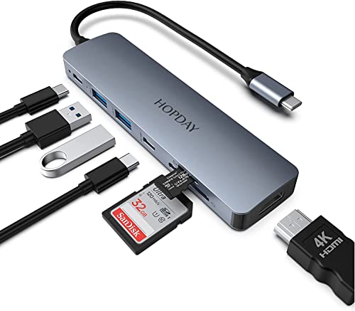 HOPDAY Hub USB C (7-in-1), USB C Adapter, Dual-Monitor mit 4K HDMI, 5 Gbit/s, USB 3.0 A&C Datenanschlüsse, 100 W PD, SD/TF-Kartenleser, Multiport USB C Dockingstation für MacBook Pro/Air, HP, Dell, von HOPDAY