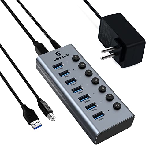 HOPDAY USB 3.0 Hub, Netzteil USB Hub, 7 Port USB Hub Aktiv USB Verteiler mit individuellen EIN-/Ausschaltern und 1 m langem Kabel für MacBook, iMac, Surface, Dell, Laptop, PC, HHD, SSD von HOPDAY