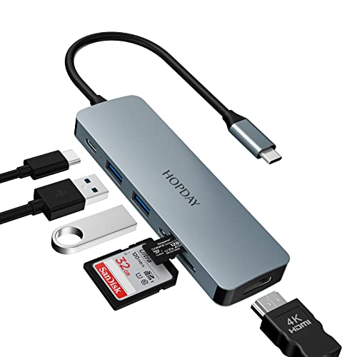 HOPDAY USB C Hub, USB C Adapter MacBook Pro/Air Ipad Pro Adapter, 6 in 1 mit 4K HDMI Ausgang, Surface Pro 8 und andere Typ- C- Geräte(PD 100W USB 3.0 TF Kartenleser) (HD-HB033) von HOPDAY