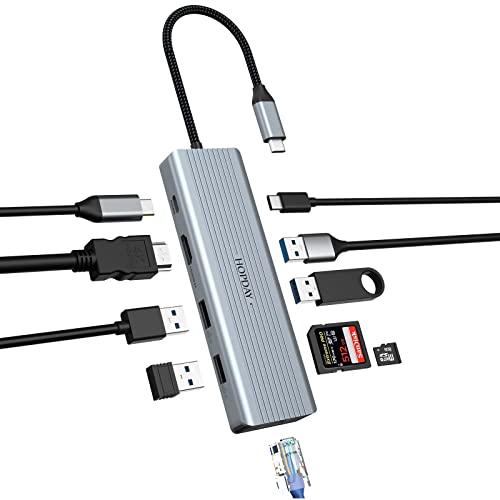 USB C Dockingstation 10 in 1 Dual Monitor USB C Hub Adapter mit 4K HDMI, PD 100W, USB 3.0, Gigabit Ethernet, SD/TF Kartenleser, 3,5mm Mic von HOPDAY