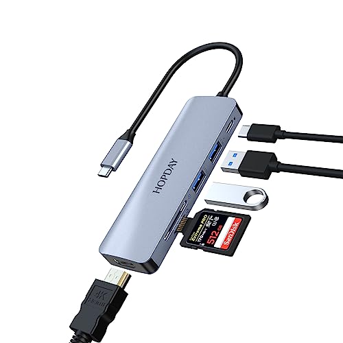 USB C Hub, 6 in 1 HOPDAY USB C Adapter Multiport Docking Station Dual Monitor MacBook Pro/Air Hub mit 4K HDMI, 5Gbps USB 3.0, 100W PD, SD/TF Kartenleser von HOPDAY