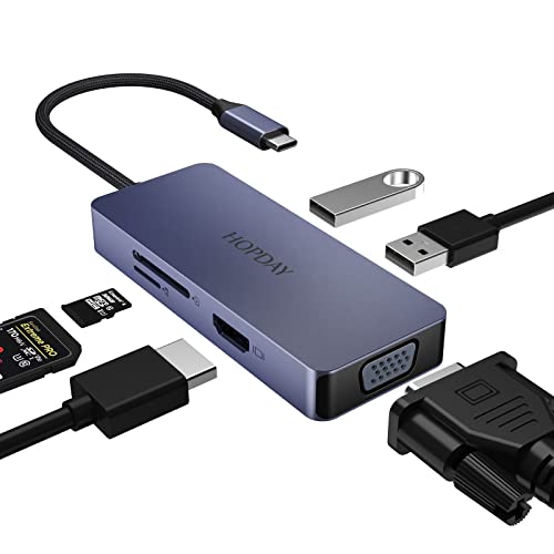 USB C Hub HOPDAY 6 in 1 USB C zu HDMI VGA Dual Monitor USB C Adapter mit USB A, SD/TF Kartenleser, Multiport USB C Dock für MacBook Pro/Air, Dell/HP/Lenovo von HOPDAY