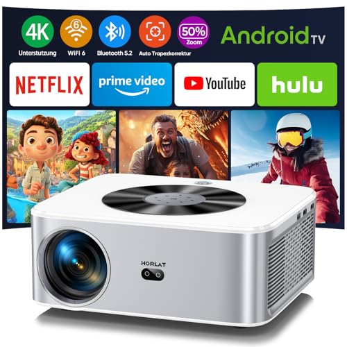 Beamer 【Android TV】 HORLAT 28000 Lumen Beamer 4K Heimkino, WiFi 6 Bluetooth Beamer Outdoor, Auto/4P Trapezkorrektur, 50% Zoom Projektor,Beamer Android mit Netflix/YouTube, Smart Beamer von HORLAT