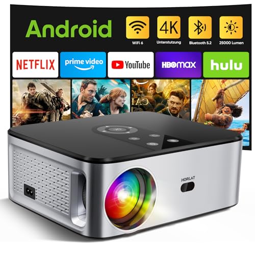 HORLAT Beamer 4K Heimkino 25000 Lumen, Full HD 1080P【Android TV】, WiFi 6 Bluetooth Projektor, Auto/4P Trapezkorrektur, 50% Zoom, Smart Beamer mit Netflix/YouTube/Prime Video, Beamer Android von HORLAT