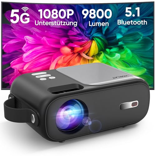 Mini Beamer, 5G WiFi Bluetooth Beamer Full HD 1080P Unterstützt, HORLAT Beamer klein 9800 Lumen Tragbarer Projektor mit ±15° Trapezkorrektur, Heimkino Projektor für Smartphone/TV Stick (dunkelgrau) von HORLAT