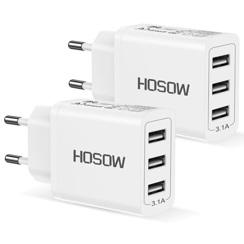 USB Ladegerät Mehrfach 2Pack, USB Netzteil Stecker Mehrfach 3Port 15W/3.1A Netzstecker Steckdose Schnellladegerät Charger für iPhone 16/15/14/13/12/11/XS/X/8, Samsung Galaxy S25/S24/S23/S22/S20/S10 von HOSOW