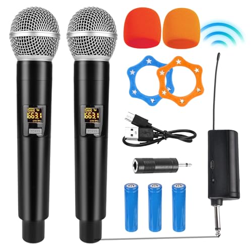 HOSPAOP Mikrofon Kabellos, Dual Funkmikrofon Wireless Microphone Set mit Wiederaufladbarem Empfänger, UHF Drahtloses Mikrofon für Karaoke, Hochzeit, Party, Vortrag, Gesang von HOSPAOP