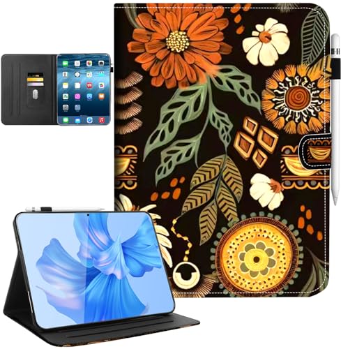 Schutzhülle für iPad (A16) 11. Generation, iPad 10. Generation, mit Stifthalter, verstellbarer Ständer, Magnetverschluss, Kartenfächer, automatische Schlaf- und Weckfunktion, Boho-Blumenmuster von HOTART