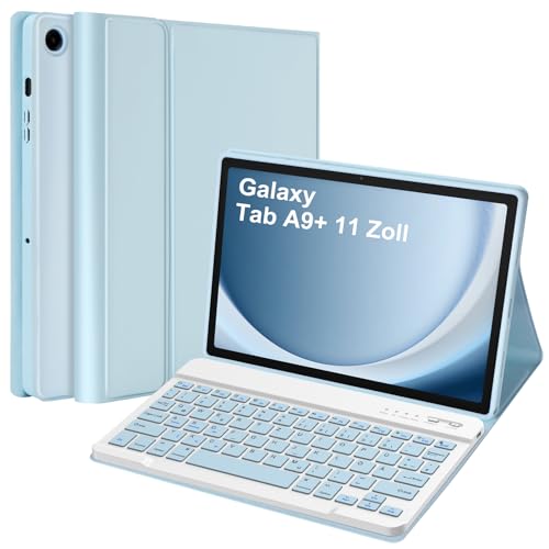 HOTLIFE Tastatur Hülle für Samsung Galaxy Tab A9 Plus 11 Zoll 2023 (SM-X210/X216/X218) mit Abdeckung Auto Wake/Sleep, Drahtlose Abnehmbare Bluetooth Tastatur (Deutsches QWERTZ)-Hellblau von HOTLIFE