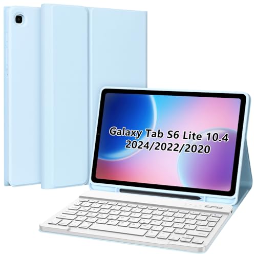 Tastatur Hülle Kompatibel mit Samsung Tab S6 Lite 10.4 Zoll 2024/2022/2020 (SM-P620/P25/P613/P619/P610/P615), Schutzhülle mit Stifthalter und Magnetische Bluetooth Abnehmbare Deutsche Tastatur (Blau) von HOTLIFE